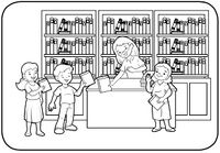 Niñas y niño prestan libros en biblioteca