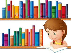 Niña lee en biblioteca