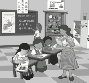 Maestra con 3 niñas en clase b&n.png