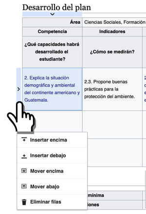 Tabla con menú contextual abierto