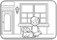 Niño y perro frente a casa