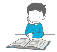 Niño lee libro con mentón en mano.png