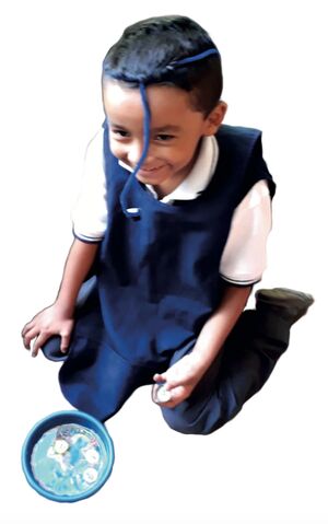 Preescolar juega con monedas.