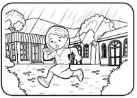 Niña corre bajo la lluvia